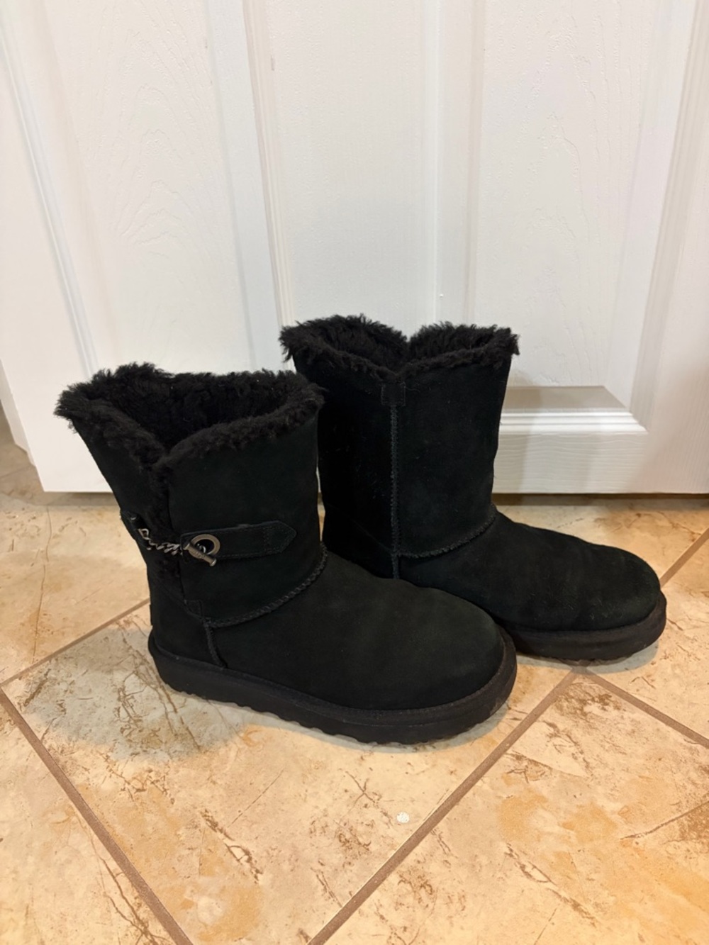 UGG Black Short Shearling Winter Boots with Side Buckle
